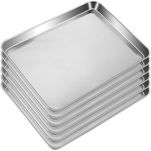 Tivcck 6 Pcs Baking Sheet,Stainless Steel Cookie Sheet,Metal Baking Pan Oven Tray,Commercial Sheet Pan for Oven Baking,Mirror Finish,Easy Clean & Dishwasher Safe,(16x12x1 Inch)
