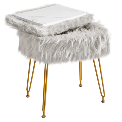 IBUYKE Rectangular Faux Fur Vanity Stool with Storage, Furry Makeup Chair Ottoman, Soft Padded Seat, Round Footrest Footstools with 4 Metal Legs, for Living Room Bedroom Entryway, Gray WBD022G