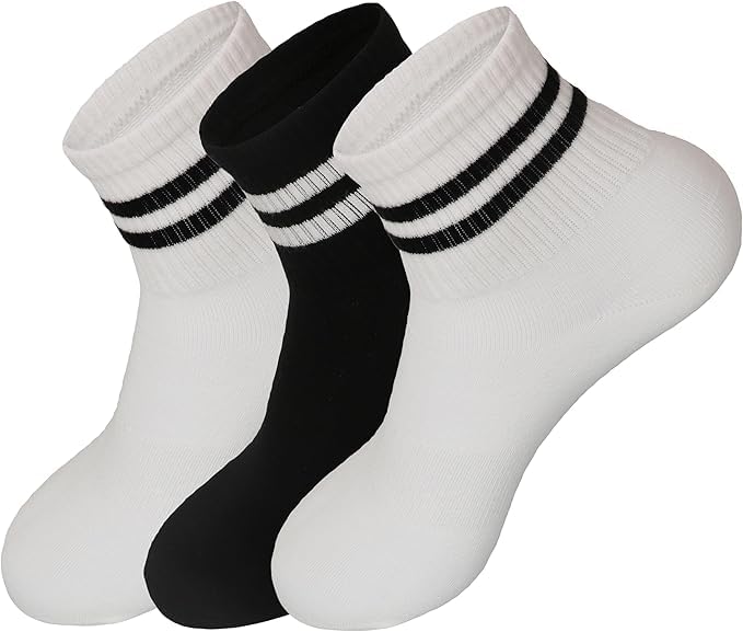3Pairs Crew Socks Casual Athletic Socks Cotton Cushioned Solid Color Two Stripe Quarter Socks Retro Ankle Socks_Free Size(Black And White)-image-6