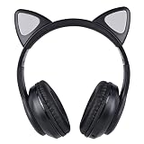 KORABA Cat Ear Kids Headphones Bluetooth, LED Light up Wireless/Wired Mode Over Ear Headphones with Build in Microphone for School/Travel (Black)