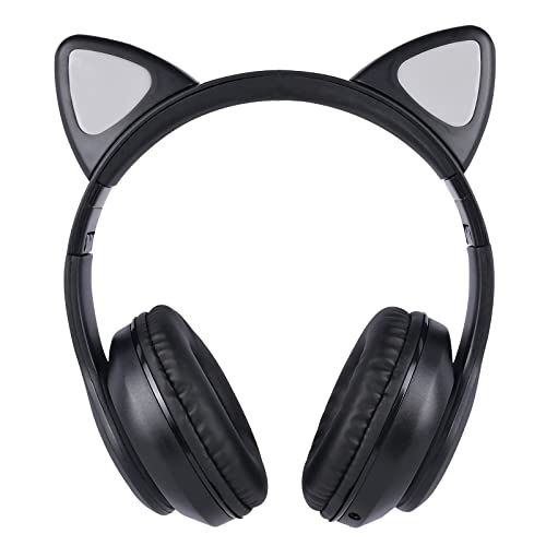 KORABA Cat Ear Kids Headphones Bluetooth, LED Light up Wireless/Wired Mode Over Ear Headphones with Build in Microphone for School/Travel (Black)