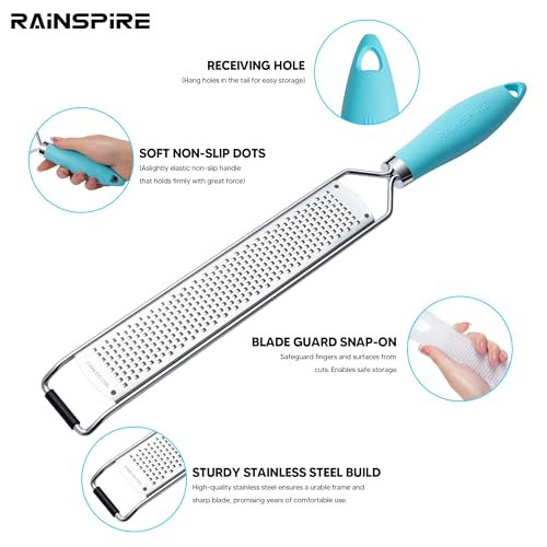 Image of Rainspire Zester Grater with Handle, Lemon Zester Cheese Grater for Kitchen Stainless Steel, Parmesan Cheese Garlic Nutmeg Chocolate Fruits Vegetables Ginger Grater, Fine, Blue
