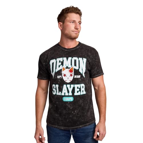 Demon Slayer Tanjiro Fox Mask Mens Black Mineral Wash Crew Neck Short Sleeve T-Shirt-XL
