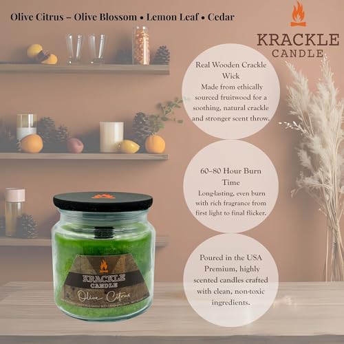 Image of Krackle Candle | Olive Citrus | 16 oz Scented Candle with Natural Crackling Wooden Wick | Poured in the USA | Olive Blossom, Lemon Leaf & Cedar Fragrance