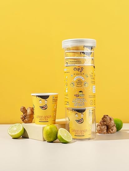 Image of Cup-Ji Lemon Ginger Green Tea | Rich in Vitamin C, Boosts Metabolism with Ginger & Mint | Non-Bitter, Tasty Whole Leaf Green Tea | Support Hair & Skin |10 Cups with Each Cup Size 210 ml | Pack of 2