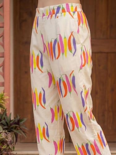 Image of INDO ERA Women Cotton White Printed Straight Kurta Pant Set