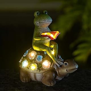 Goodeco Garden Frog Ornaments,Garden Frog Riding Turtle Statue ,Solar Figurine with Light Cute Turtle with Frog Decorations For Patio Lawn Yard Room Decor Frog Gifts for Women/Men/Mom Birthday 21.5cm