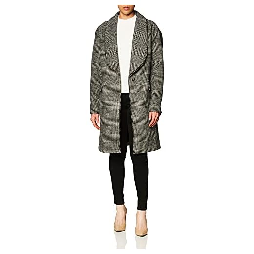 GUESS Women's Long Wool Top Coat, Jacket with Faux Leather Details, Black and White Plaid, Large
