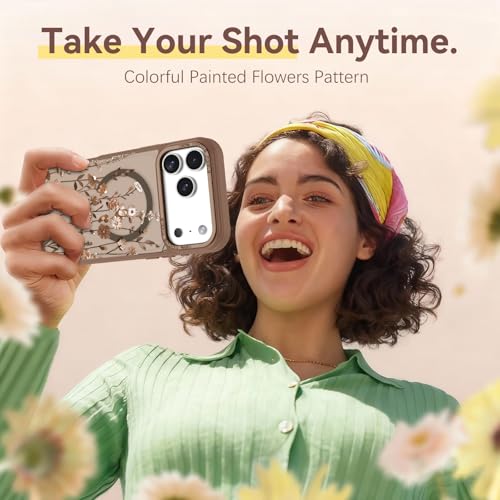 Image of DOMAVER for iPhone 17 Pro Max Case, Magnetic Phone Case for iPhone 17 Pro Max [Compatible with MagSafe] Slim Fit Flowers Floral Design Shockproof Protective Bumper Women Men Girls Boys Cover- Brown