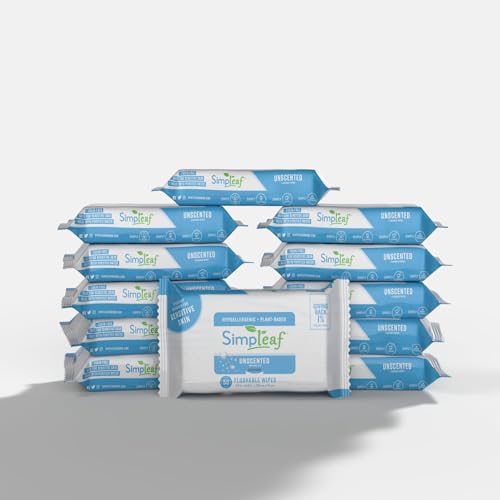 Image of Simpleaf Flushable Wet Wipes Unscented | Plastic Free, Paraben & Alcohol Free | Hypoallergenic & Safe for Sensitive Skin | Soothing Aloe Formula | Adult Toilet Wipes (12 x 50 Count Pack) 600 Count