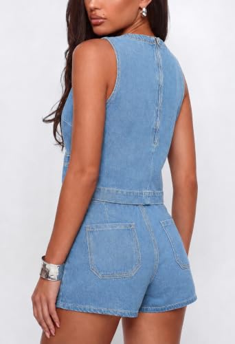Image of Kedera Summer Denim Set for Women 2 piece Casual Sleeveless Boxy Shirt Tops and Shorts Pants Lounge Sets Outfits