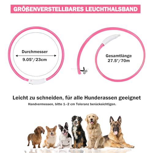 Nepfaivy Leuchthalsband Hund USB Aufladbar - Wasserdichtes Hundehalsband Leuchtend mit Verstellbarer Länge, LED Halsband für Hunde mit 4 Beleuchtungsmodi für Sicherheit, Rosa