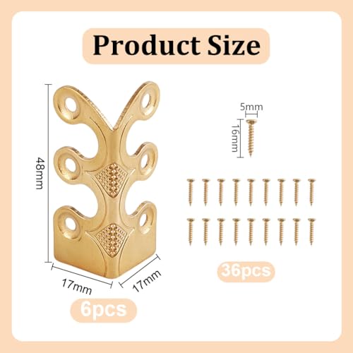 Image of 6Pcs Brass Corner Protectors Vintage Metal Wall Decorative Corner Protector Skirting Baseboard Corner Covers Dust Corners for Tirm Furniture Walls Wood Box Edge Clear Frames Protect (Gold)