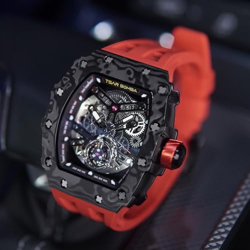 Image of TSAR BOMBA Automatic Watches for Men,50M Waterproof Men's Watch,Luxury Mechanical Skeleton Analog Watch,Silicone Watch Bands Carbon Fiber Case Black Watch,Gifts for Men Business Casual