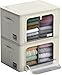 Sorbus Storage Bin Set with Divided Interior, Foldable Stackable Container Organizer Basket Set with Large Clear Window & Carry Handles, for Bedding, Linen, Clothes (Two Section - Beige)