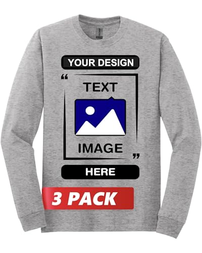 Image of Gildan Custom Long Sleeve T-Shirts - Personalized Heavy Cotton Crewneck Tee Unisex Men Women - Customize Image, Text & Photo
