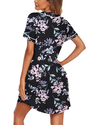 Image of Ekouaer Womens Nightgown Button Down Sleep Shirts Short Sleeve Nightshirt V-Neck Sleepdress Soft Sleepwer