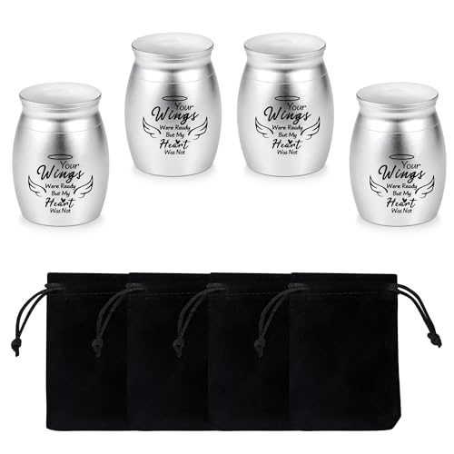 Buruslove Urnas de recuerdo de alas de ángel para cenizas, juego de 4 urnas pequeñas de metal para compartir cremación con bolsas de terciopelo, mini soporte conmemorativo para cenizas humanos y