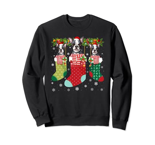 Three Boston Terrier in Socks Ugly Christmas Sweater Party Sweatshirt