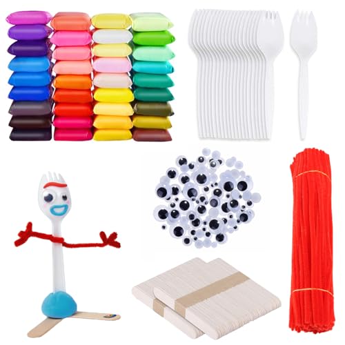 100 Set Fork Creativity Set Air Dry Clay Plastic Sporks Red Pipe Cleaners Clever Eyes Popsicle Stick Make Your own Forky