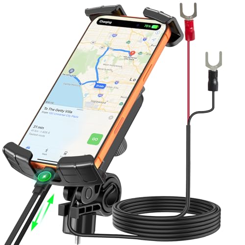 Pengxinhui Motorcycle Phone Mount,with USB Charger (QC3.0/PD3.0 Fast Charging),Built-in Retractable Type-C Data Cable,with Motorcycles and Electric Bicycles,Compatible with All Phones from 4.7-6.8