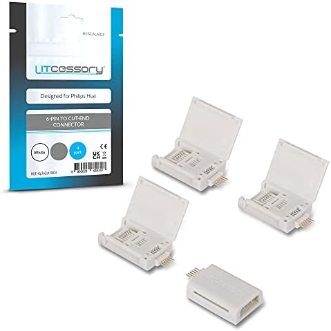 Litcessory 6-Pin to Cut-End Connector for Philips Hue Lightstrip Plus (4 Pack, White - Micro 6-PIN V4)