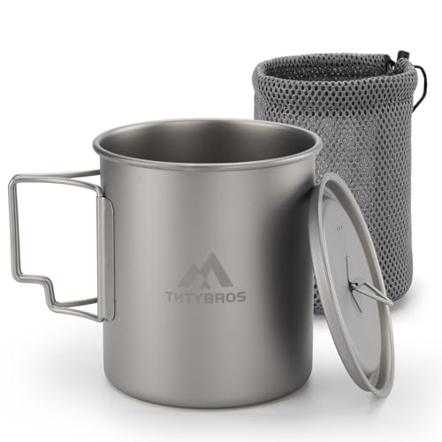 THTYBROS Titanium Camping Cup/Mug 750ML (25oz) with Lid & Mesh Storage Bag Lightweight Titanium Cookware for Backpacking Hiking Travel and Outdoor Survival Gear Single Wall Design