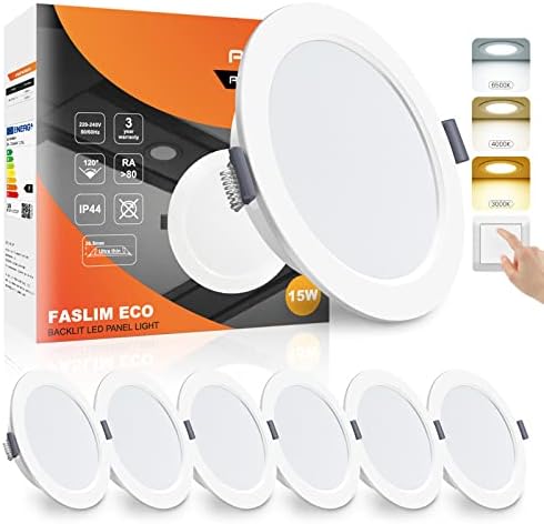 ALUSSO LED Downlights Ultra Slim 9W LED Recessed Ceiling Spot Lights 6500K Cool White, IP44 Waterproof Round Panel Lights for Bathroom Kitchen Living Room, 6 Pack