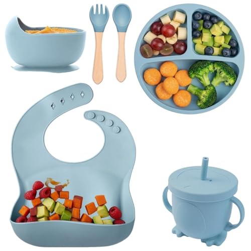Image of 6PCS Silicone Baby Feeding Set - Suction Plate, Bowl, Bib, Spoon, Fork, Cup - BPA-Free, Non-Toxic, Microwave & Dishwasher Safe for Toddlers 6+ Months - Light Blue