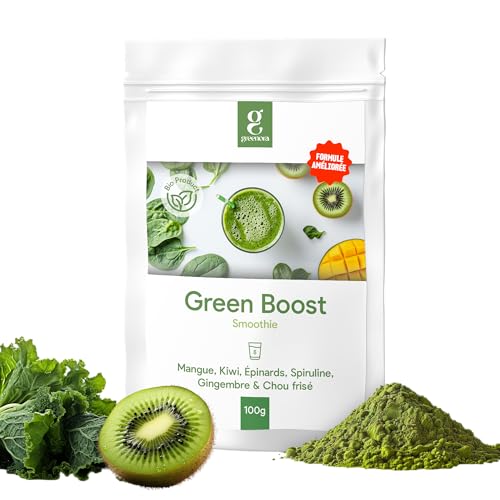 GREENORA Smoothie Poudre Spiruline, Épinards, Gingembre, Chou Kale, Mangue et Kiwi. Fruits et Légumes Lyophilisés 100% Naturels. Superaliments. 100g