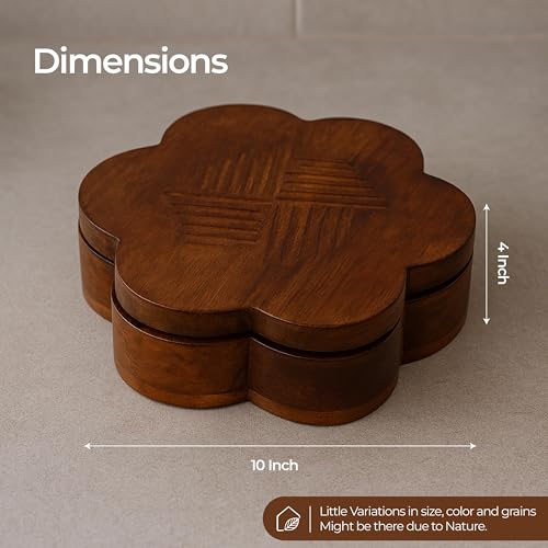 Image of Ikari Homes Wooden Masala Box, Round Shape Spice Container with 7 Compartments and Lid I Healthy & Plastic Free I Magnetic Closure I Hand crafted Carved Design I Big Size 10 in x 4 in