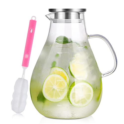 Jarra de cristal con tapa, 3 litros, con tapa de acero inoxidable y vertedor de vidrio de borosilicato resistente al...