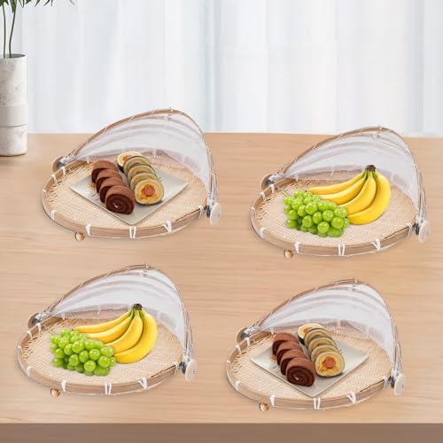 Xigner 4 fruteros con mosquitera, tejido a mano, bambú para servir alimentos, cesta con malla de gasa para frutas, verduras, pan, etc. (30 cm)