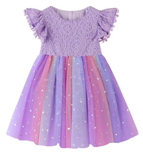 Image of RJXDLT Toddler Girl Dress Baby Girl Tulle Dress Flutter Sleeve Tutu Flower Girl Dress 3 Years Sequin Purple 396