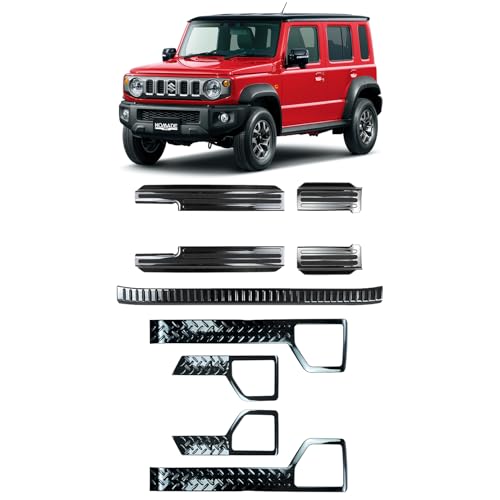 VKINGER ジムニーノマド JC74 5ドア パーツ セット割 サイドステップスカッフプレート&インナードアプロテクションカバー&ラゲッジ スカッフプレート 9P 内装 カスタム パーツ 保護 アクセサリー 縞鋼板柄 ステンレス ヘアライン NOMAD