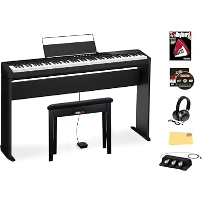 Casio PX-S3100 Privia Digital Piano - حزمة سوداء مع حامل CS-68، ونظام SP-34 ثلاثي الدواسات، ومقعد، وسماعات رأس، وكتاب تعليمي، ودروس عبر الإنترنت، وقماش تلميع أوستن بازار
