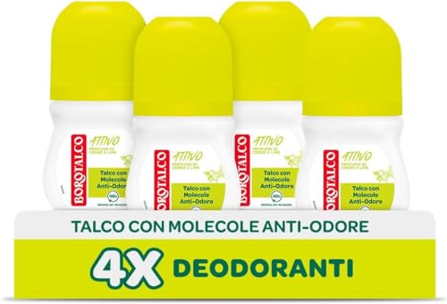 Borotalco, Deodorant Roll-On Aktiv Gelb, Talkum mit geruchshemmenden Molekülen, frische Wirksamkeit, 48h Wirksamkeit, ohne Alkohol, Duft von Zeder und Limette - 4 Stück à 50 ml - Exklusiv von Amazon