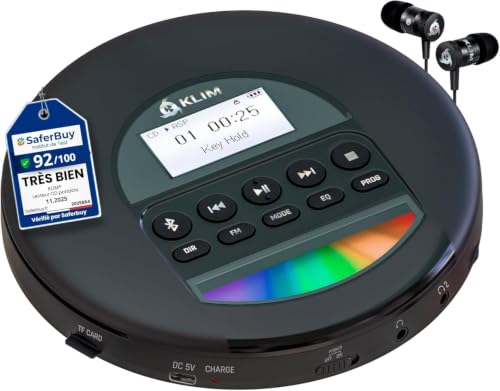 KLIM Nomad - New 2023 - Portable CD Player Walkman with Long-Lasting Battery - with Headphones - Radio FM - Compatible MP3 CD Player Portable - TF Card Radio FM AM Bluetooth - Ideal for Cars - Black