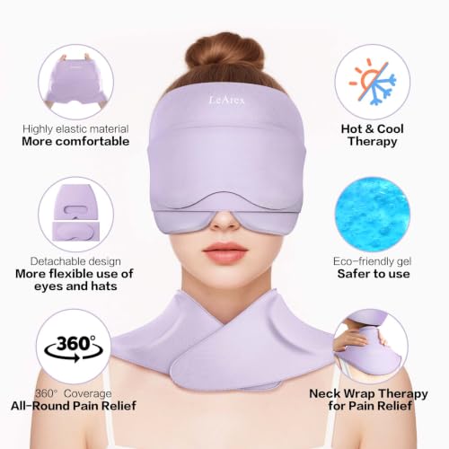 Image of Migraine Relief Cap and Neck Ice Pack Wrap with Ice Eye Masks,3 in 1 Detachable Hot and Cold Therapy Headache Relief Cap for Headaches, Stiff Neck,Eye Fatigue, Tension and Pain (Light Purple)