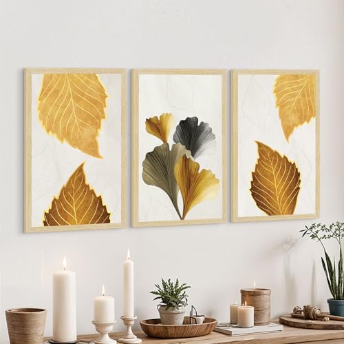 Image of ArtX Paper Modern Art Wall Painting For Living Room,Drawing Room Decoration Big Size, Leaves Framed Painting for Wall Decoration, Mordern Wall Decor For Bedroom,Multicolor, 36.0 x 18.0 inches,Set Of 3