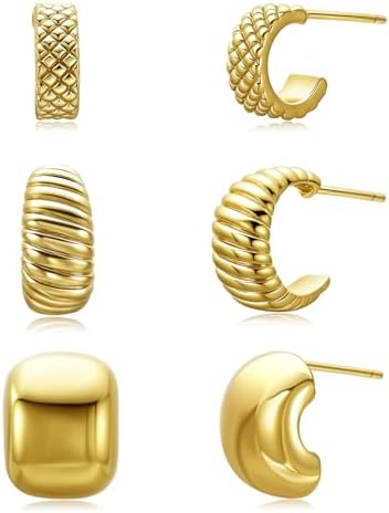 Gold Chunky Hoop Earrings Set for Women Trendy - 14K Gold Plated Thick Hoops Earring Set for Multiple Piercing, Lightweight Open Huggie Hoops 3 Pairs