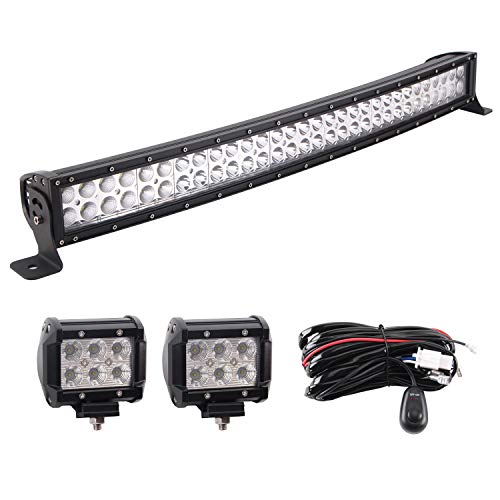 Qdy 32" 180W Curved Led Light Bar Flood Spot Combo Beam Fog Light Waterproof Ip67 For Off Road Suv Ute Atv Truck With 2Pcs 18W Flood Led Work Lights And Wiring Harness #TOP4