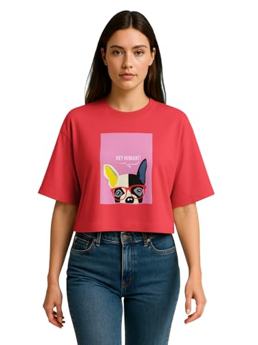 Image of HELLCAT Beige Printed Loose Fit Crew-Neck Crop T-Shirt for Women