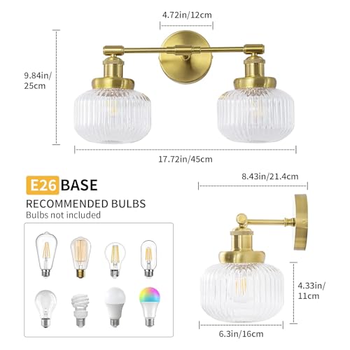 foucasal 2-Lights Brushed Gold Bathroom Vanity Light, Bathroom Light Fixture Over Mirror with Clear Striped Globe Shade, Bathroom Sconces for Bedroom, Living Room, Farmhouse, Stairs by foucasal - Image 5