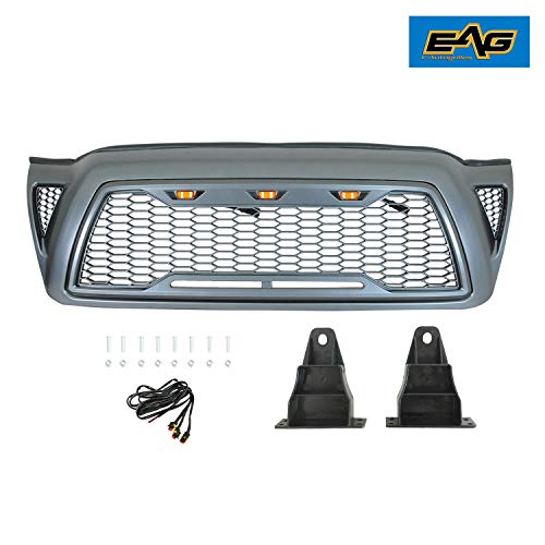 EAG Replacement Upper Grille Front Grill with 3 Amber LED Lights Fit for 2005-2011 Tacoma - Charcoal Gray
