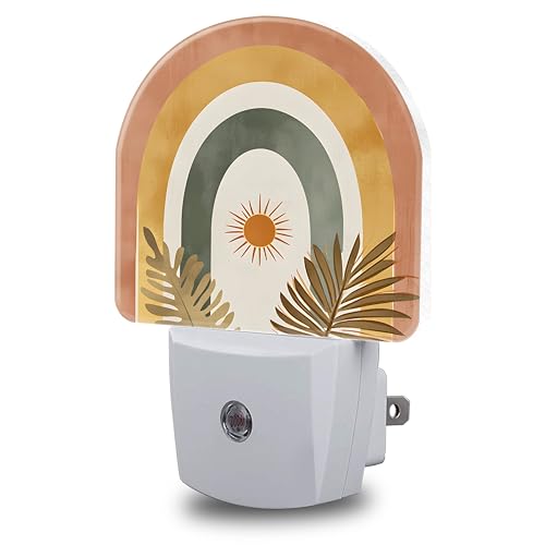 Image of Sun and Leaves Night Light, Boho Rainbow Night Lights Plug into Wall Dusk to Dawn Sensor Round Nightlight for Women Men Energy Efficient Led Lamp 0.5W for Stairway Hallway Bedroom