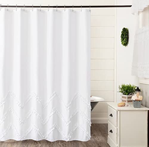Felisa White Shower Curtain With Zig-Zag Stripes Of Ruffled Trim,Farmhouse Chic Fabric Shower Curtain For Bathroom,Machine Washable,72"X72" #TOP1
