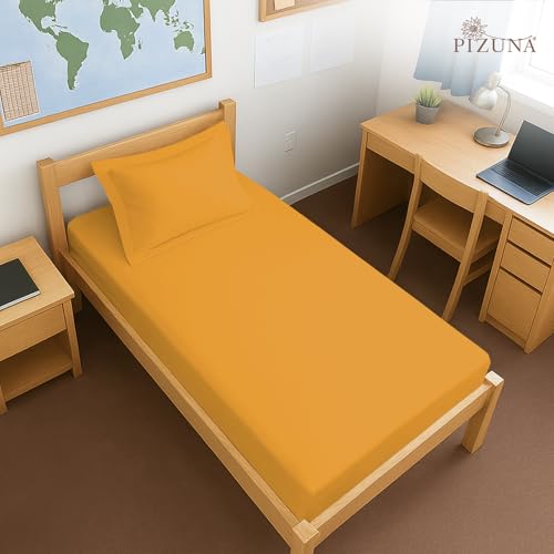 Image of Pizuna 100% Cotton Fitted Bedsheet Single Bed 400 Thread Count Long Staple Cotton Sateen Fitted Bedsheet 40x78 Inch with 1 Pillow Cover, Honey Gold Elastic Fitted Bedsheets Single Bed fits 12 Inch