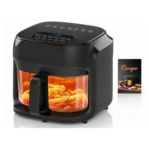 7.3QT Glass Air Fryer with See-Through Bowl, 360° Hot Air Circulation, 5 Presets, 1200W Fast Heating, Dishwasher Safe (Black)
