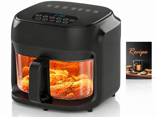 7.3QT Glass Air Fryer with See-Through Bowl, 360° Hot Air Circulation, 5 Presets, 1200W Fast...